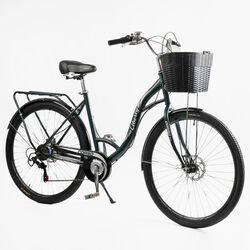 Велосипед міський Corso «Liberty» 28’’ дюймів LR-28193 (1) + КОШИK, ТЕМНО-ЗЕЛЕНИЙ, сталева рама 20``, Shimano 7 швидкостей, корзина, багажник