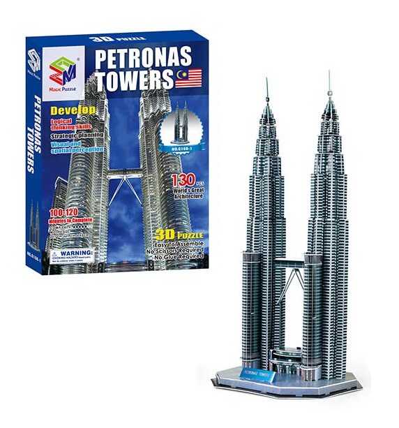 Пазлы 3D G 168-1 (24) "Башни Петронас", 130 элементов, высота 52 см, в коробке