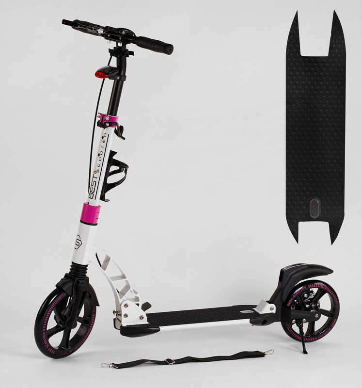 Самокат двоколісний "Best Scooter" D-71057 (2) гумовий килимок, ФАРА, переднє колесо PU 230мм, заднє колесо 200мм, 2 амортизатори, дискове гальмо