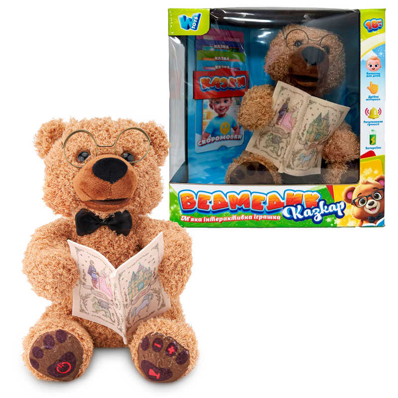 Ведмедик казкар 31515 (16/2) 2 види, "WToys", ОЗВУЧ. УКР. МОВОЮ, 15 аудіоказок, 5 карток із казками, скоромовки та звуки, кнопки на лапках, в коробці