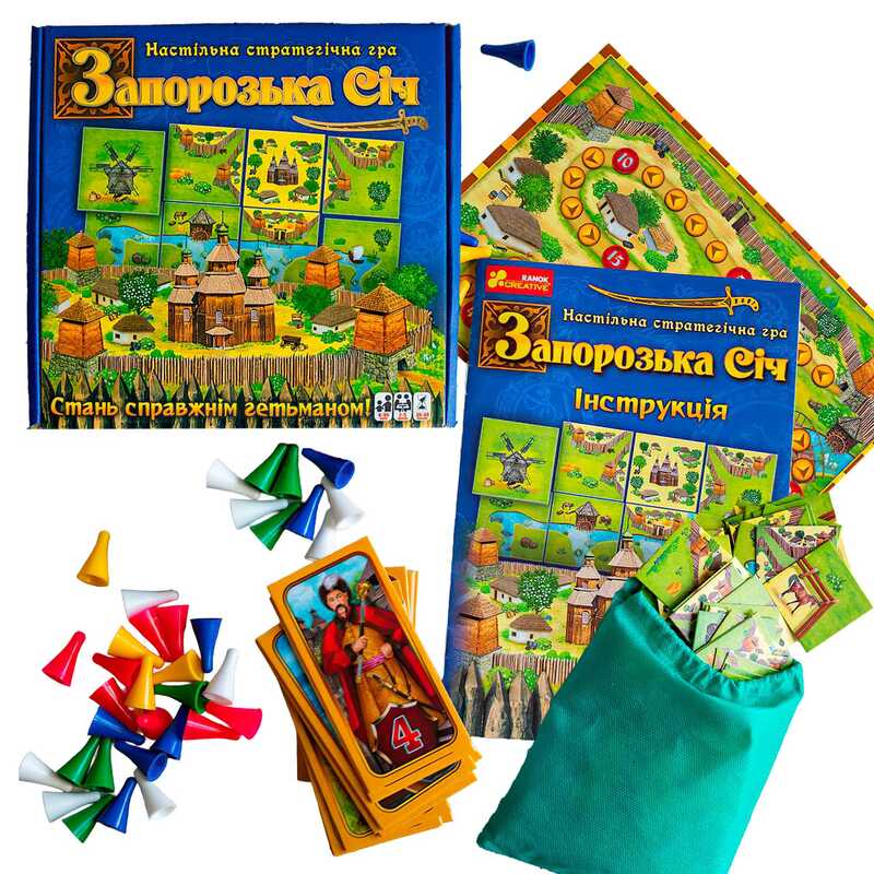гр Настільна гра "Запорізька Січ" 12120089У (10) "Ранок",  96 тайлів землі, 40 фішок-воїнів, 40 тайлів-персонажів, правила, в коробці