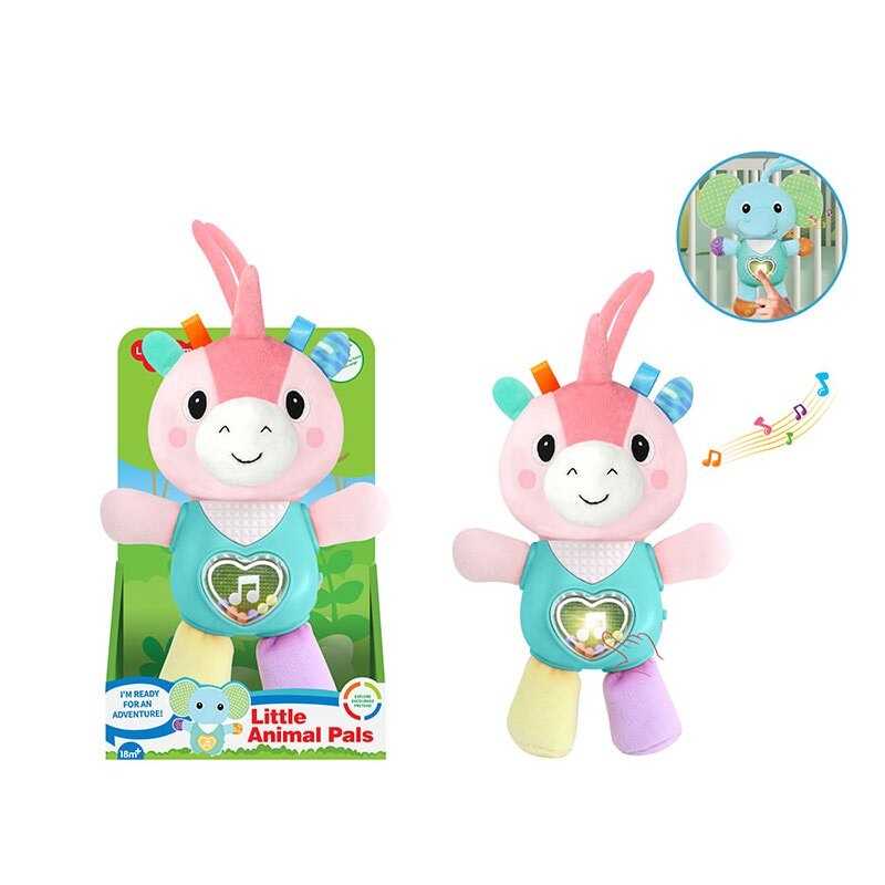 Музичне брязкальце 1963-2 (48) підсвічування, звуки тварин, мелодії, кумедні звуки, кульки, пластиковий тулуб, текстильні голова та кінцівки, в коробц