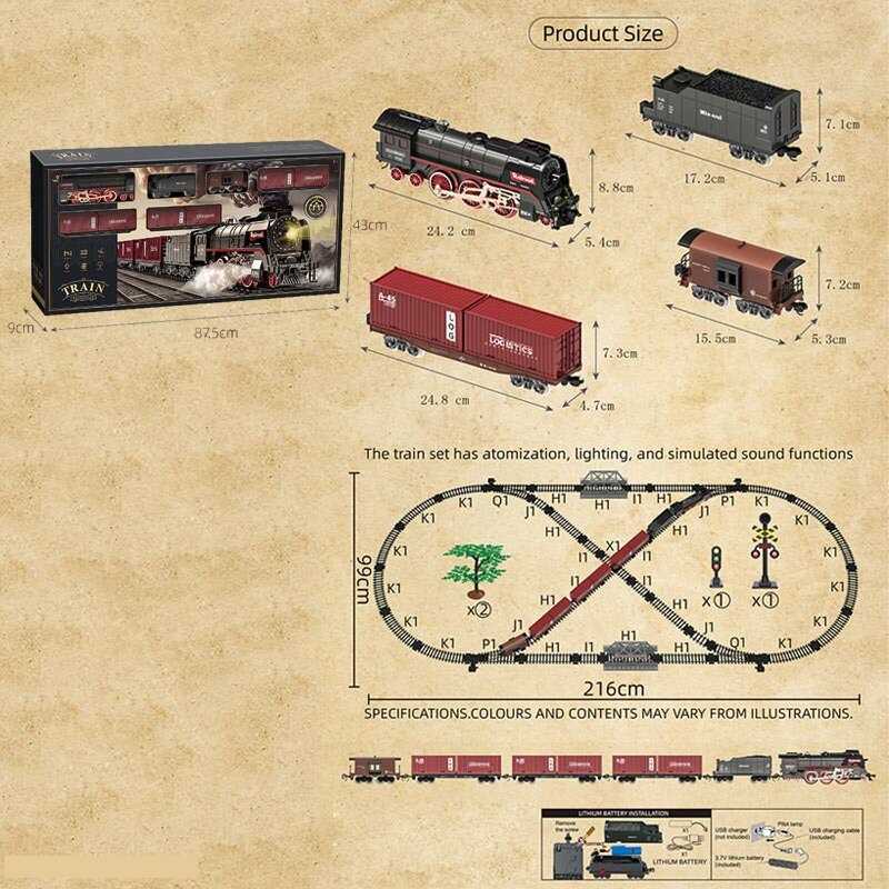 Залізниця 607 B (4) 6 вагонів довжиною 115 см, дорога 99х216 см, світло, пара, звук-беззвуч. режим, рух вперед-назад, акум. 3.7V, в коробці
