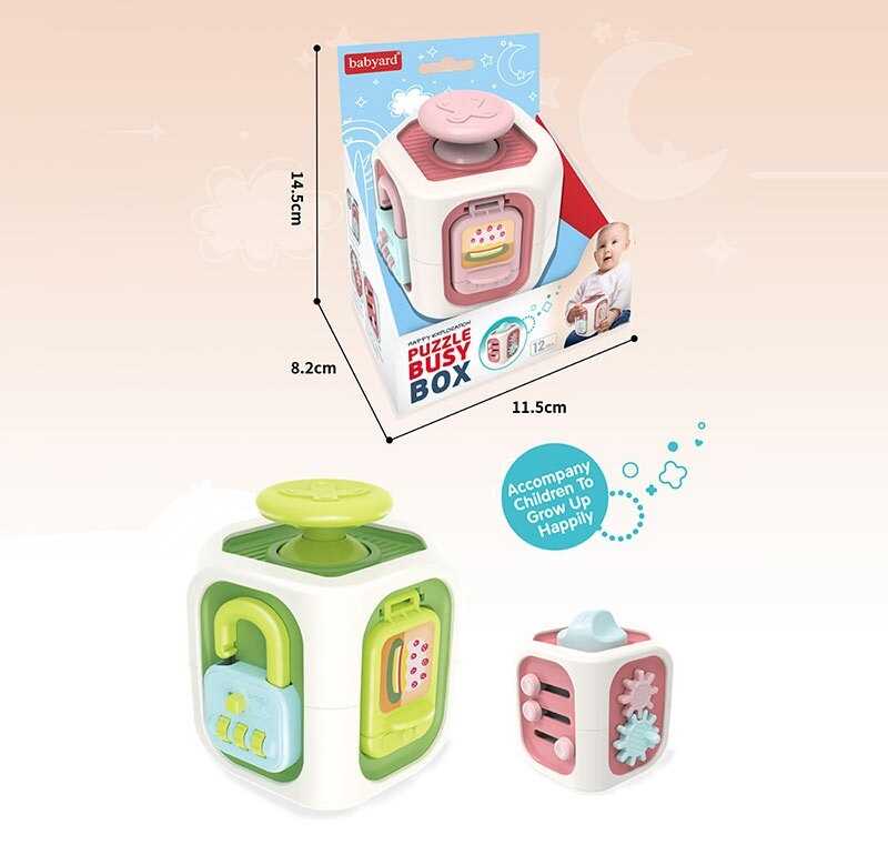 Бізіборд BY 330 (120/2) 2 кольори, кубик, розмір - 7х7х9.5 см, пальчикові ігри, тріскачка, відкриття дверцят та замочку, в коробц