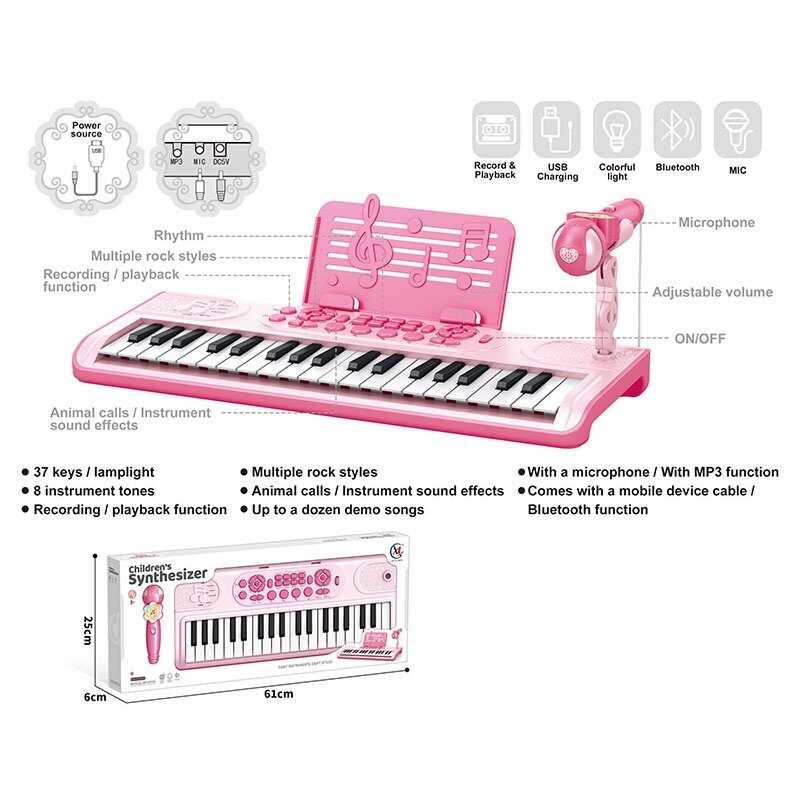 Синтезатор 6652 (18/2) 37 клавіш, мікрофон, вбудований акумулятор, Bluetooth, звуки тварин та музичних інструментів, мелодії, 3 AUX-роз