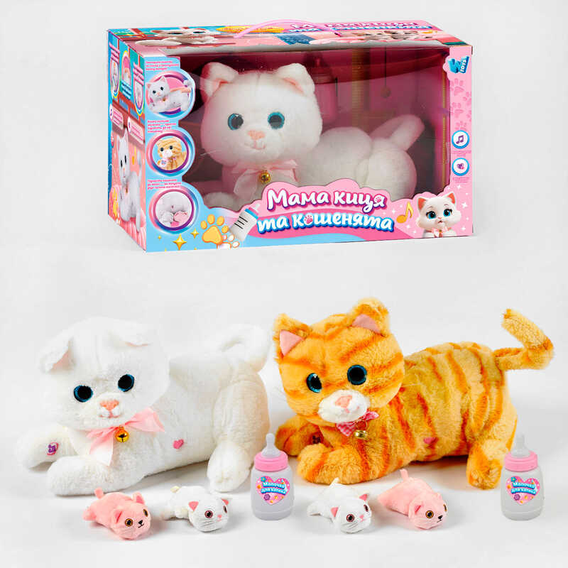 Мама киця та кошенята 10002 (12/2) "WToys", 2 види, звуки, мелодії, пісні англійською, кошенята, імітація годування, запис голосу, в коробці