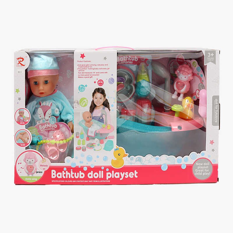 Пупс 8611 (6) висота 30 см, гумова голова, п’є, ходить на горщик, світло, мелодія, ванна довжиною 40 см, помпова подача води, пляшечка, в коробці