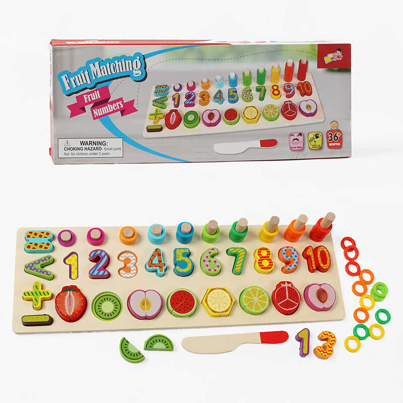 Логічна дерев’яна дошка C 74209 (40) дерев’яна, геометричний сортер, цифри, фігурки на магнітах, іграшковий ніж, в коробці