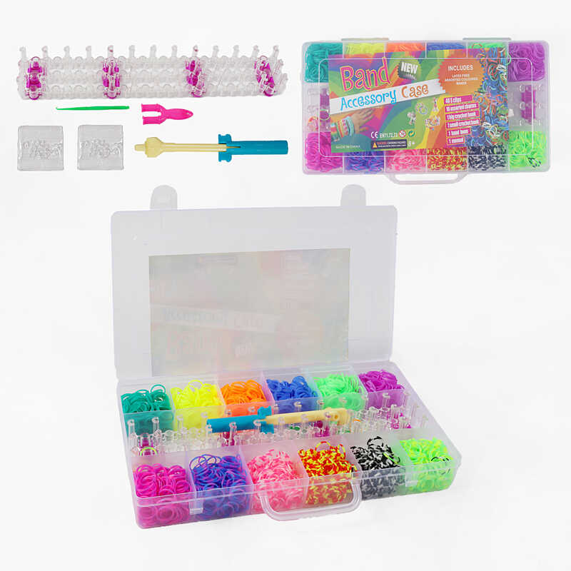Набір резиночок для плетіння C 74652 (60) 12 кольорів, пластикова фурнітура, гачок, рогатка, верстат, в боксі