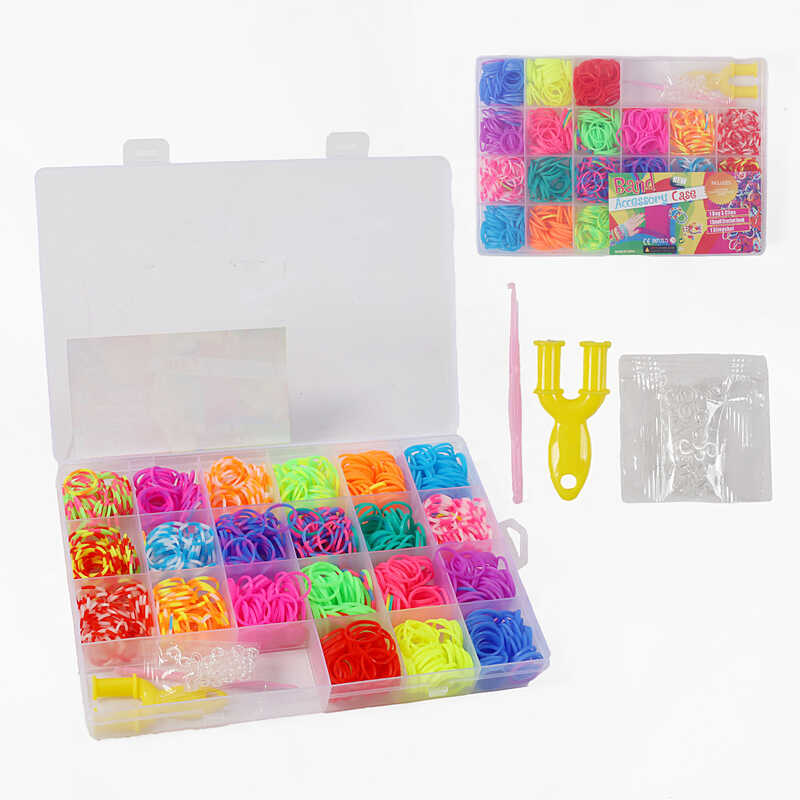 Набір резиночок для плетіння C 74655 (160) 21 колір, пластикова фурнітура, рогатка, гачок, в боксі