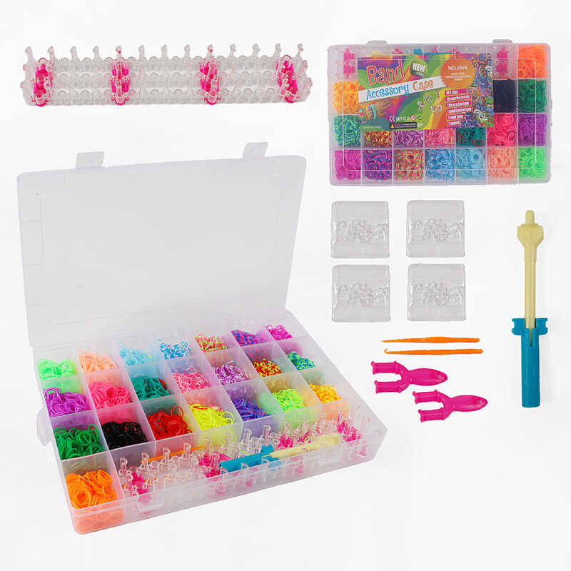 Набір резиночок для плетіння C 74656 (36) 22 кольори, пластикова фурнітура, рогатка, гачок, верстат, в боксі