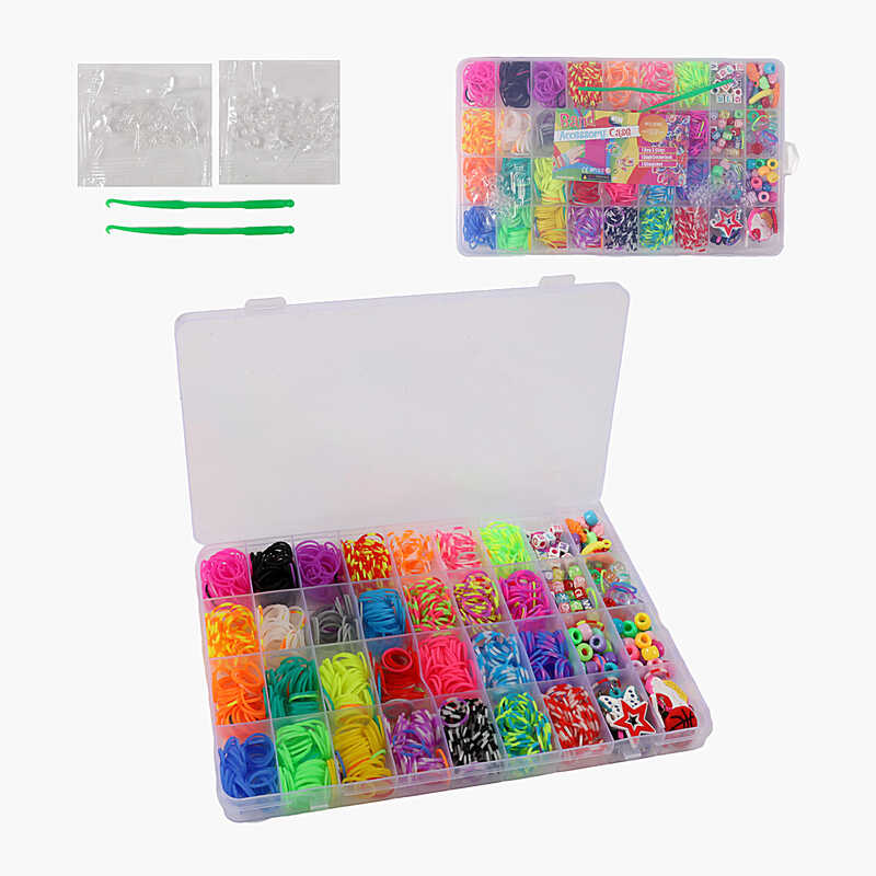Набір резиночок для плетіння C 74660 (120) 28 кольорів, пластикова фурнітура, гачок, намистинки, букви, підвіски, в боксі