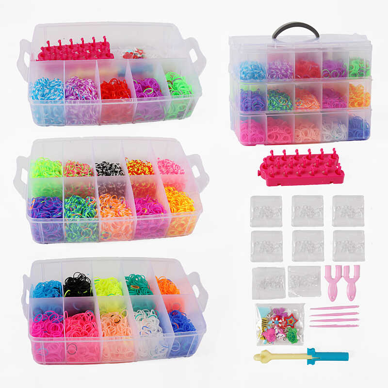 Набір резиночок для плетіння C 74663 (24) 25 кольорів, пластикова фурнітура, гачок, верстат, рогатка, підвіски, в боксі