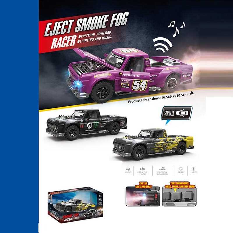 Машинка FTP 1 A (120/2) 4 види, довжина 16 см, світло, звук, мелодії, пара, інерція, капот/двері відчиняються, гумові шини, в коробці, МІКС