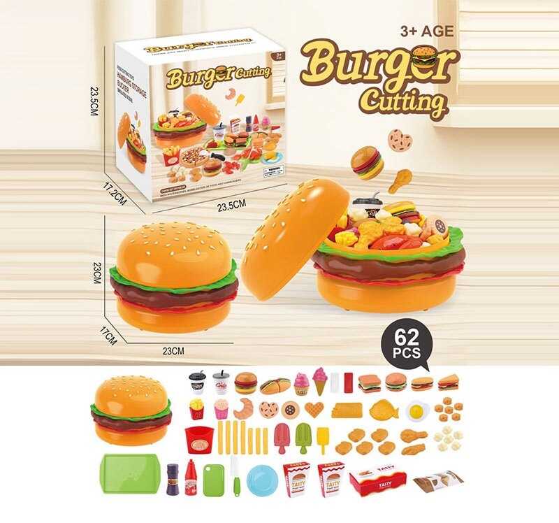 Набір продуктів CB 599 Y9 (30) 62 елементи, великий бургер-бокс, продукти на липучках, посуд, таця, дошка для нарізання, ножичок, в коробці