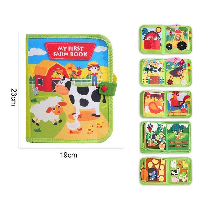 М`яка книжка-бізіборд 25008 (35) "Ферма", фетр, пальчикові ігри, пискавка, елементи на липучках, назви англійською мовою, в пакеті