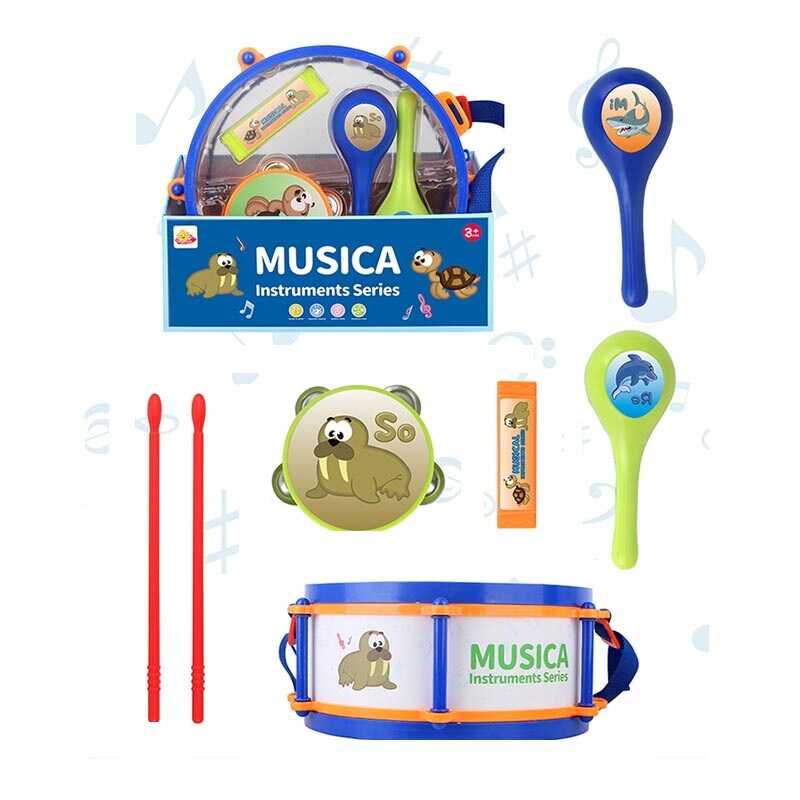 Набір музичних інструментів 717 (24)  барабан:  28х28х12 см, барабанні палички, маракаси, бубон, кастаньєти, ремінець, в коробці