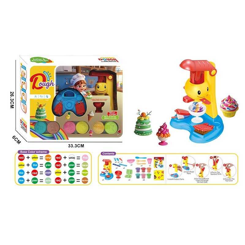 Тісто для ліплення 9025 (48/2)  екструдер, 6 кольорів тіста, форма, морожениця,  ніж, мисочка, склянка, ложка, виделка, трафарети, в коробці