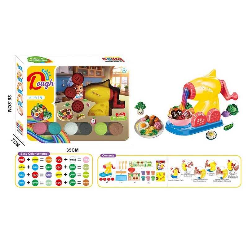 Тісто для ліплення 9027 (36/2) екструдер, тісто у 6ти кольорах, насадки, мисочка, тарілочка, ніж, виделка, ложка, палички, в коробці