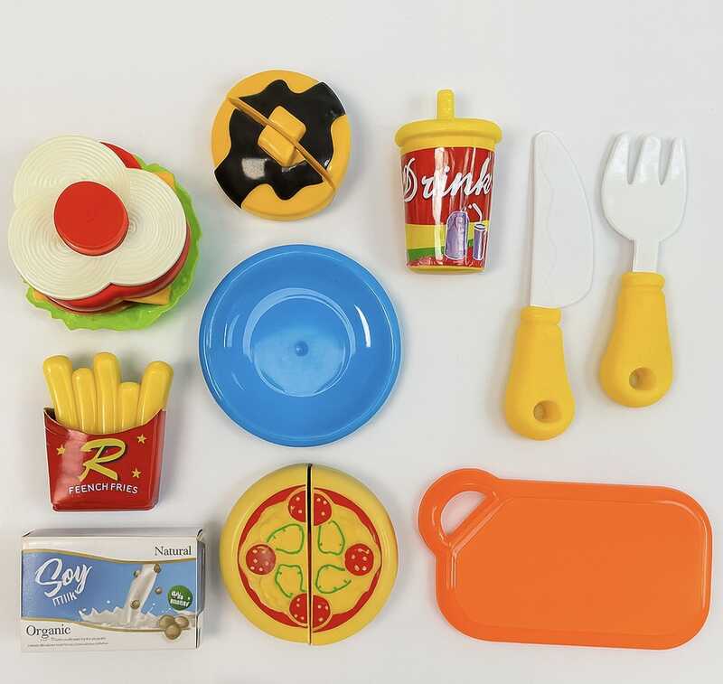 Набір продуктів 174 A6 (72/2) піца, хот-дог та пончик на липучках, картопля фрі,  гамбургер, виделка, ніж, тарілка і дошка, в пакеті