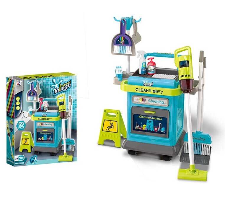 Набір для прибирання 008-206 (8) висота 63 см, 40 елементів, пилосос втягує кульки, візок, 2 віники, 2 совки, щітка, ганчірки, губка, в коробці