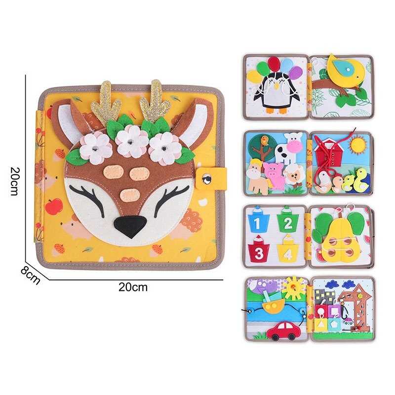 М`яка книжка-бізіборд 25007 (50) кульки, тварини на липучках, шнурівки, пискавка, кольорові олівці, кран з гаком, сонечко обертається, в пакеті