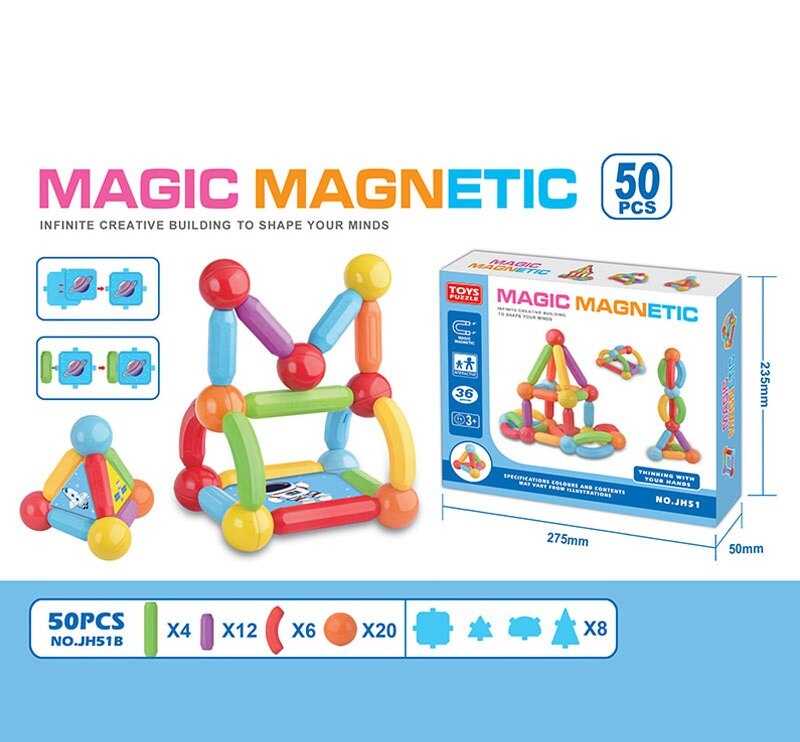 Магнітний конструктор JH 51 B (48/2) 50 деталей, наліпки, посібничок із прикладами, в коробці