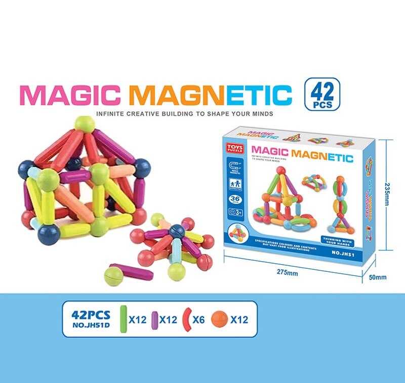 Магнітний конструктор JH 51 D (48/2) 42 деталі, посібничок із прикладами, в коробці