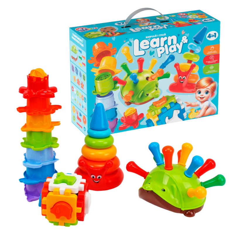 гр Подарунковий набір 2376 (1) "Technok Toys", жачок з "голками", кубик з фігурками тваринок, пірамідка-млинок, пірамідка «Веселий равлик», в коробці