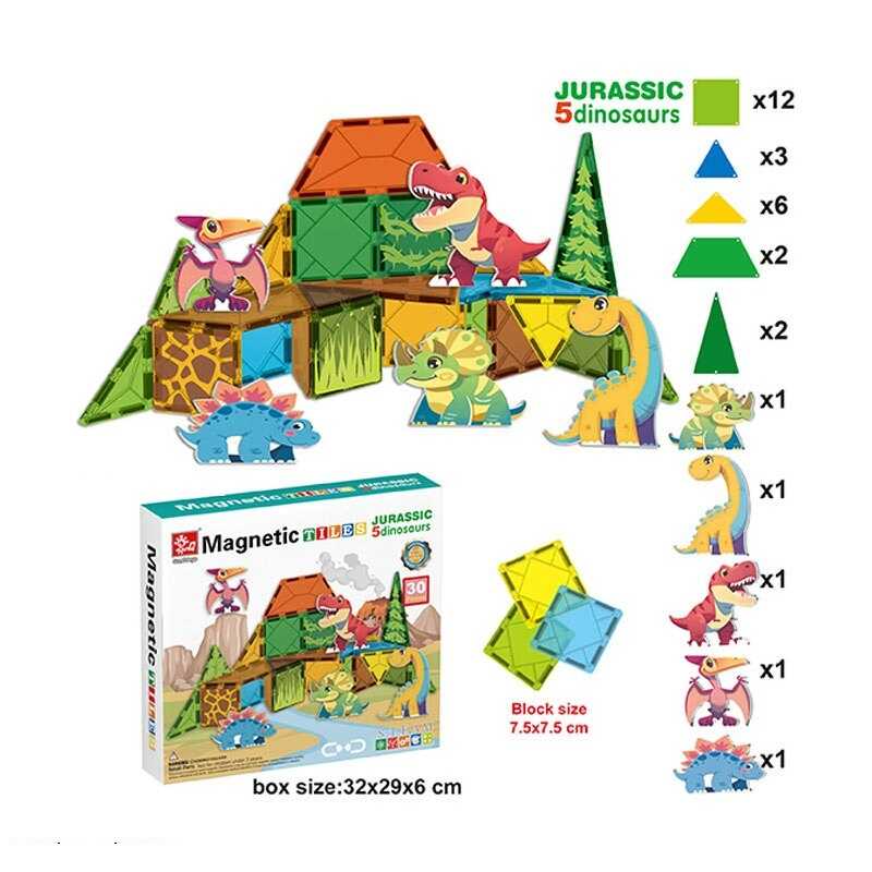 Магнітний конструктор SQ 66001-6 (16) 30 деталей, 5 фігурок динозаврів, в коробці