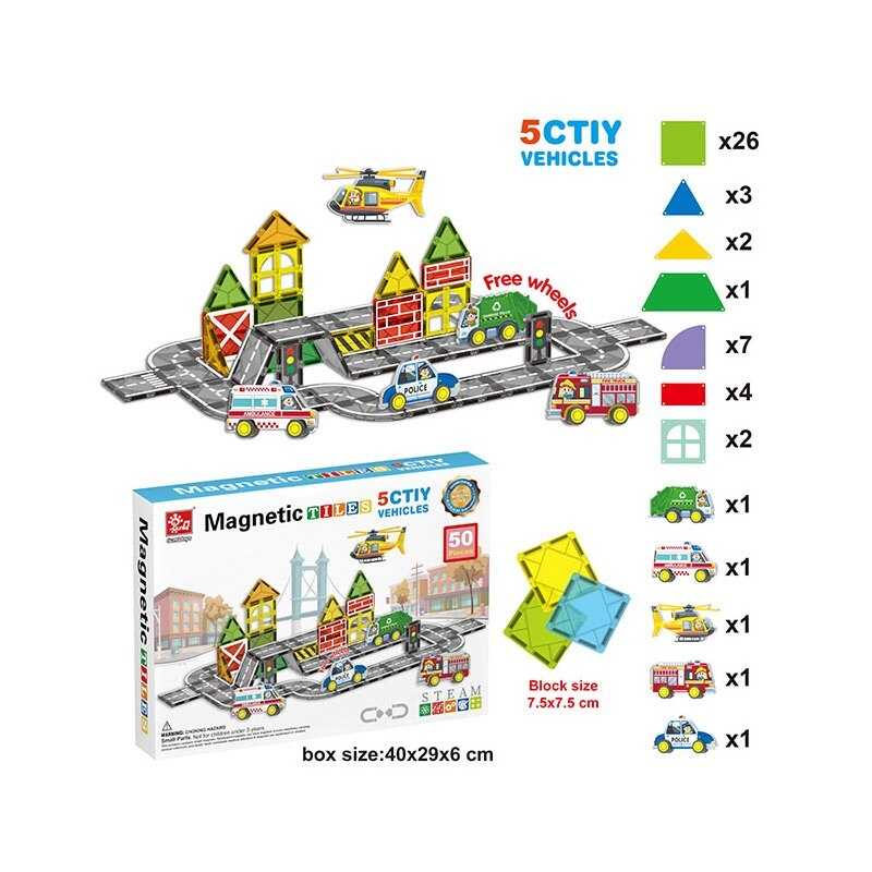 Магнітний конструктор SQ 66002-2 (12) 50 деталей, 4 машинки, 1 фігурка гелікоптера, в коробці