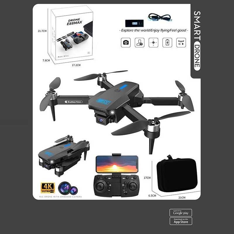 Квадрокоптер на радіокеруванні E 88 MAX (36) акумулятор, USB-кабель, викрутка, пульт, підсвічування, HD камера, сумка для зберігання, додаток, в коробці