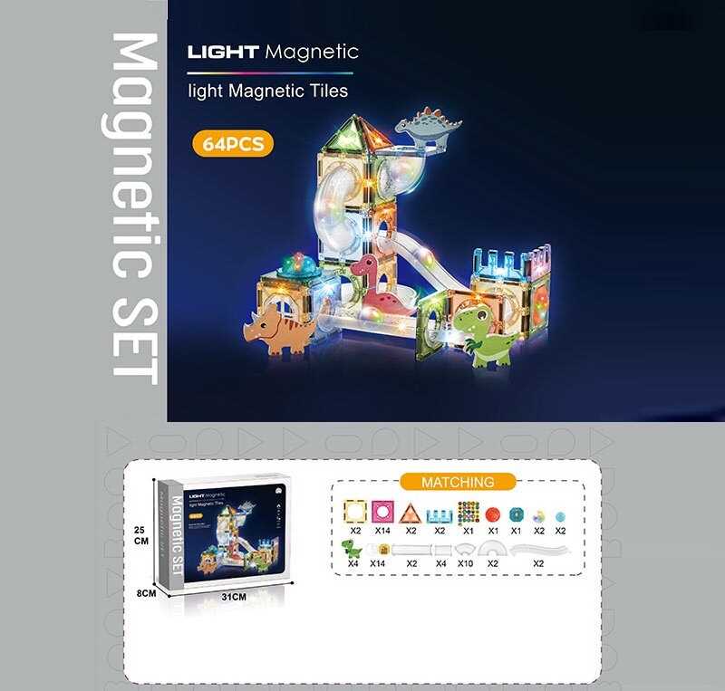 Магнітний конструктор CH 1158 (18) 64 деталі, елементи з підсвічуванням, наліпки з англійськими назвами, в коробці