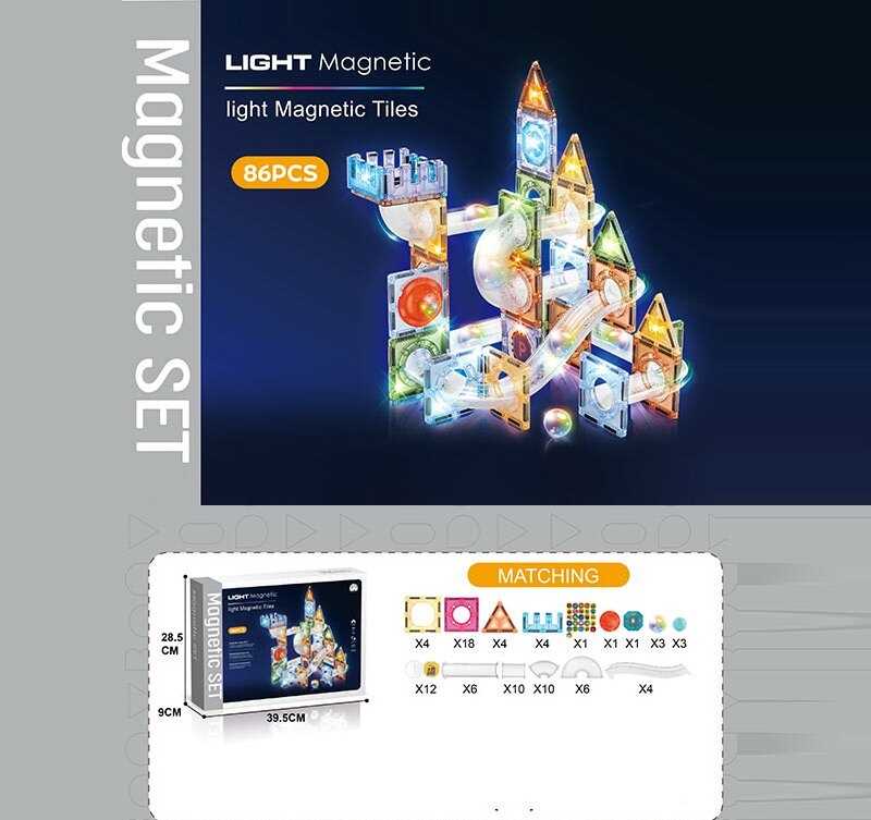 Магнітний конструктор CH 1176 (12) 86 деталей, елементи з підсвічуванням, наліпки з англійськими назвами, в коробці