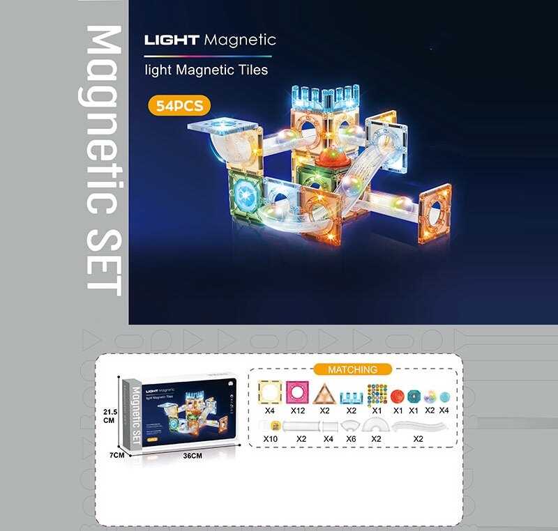 Магнітний конструктор CH 1177 (24) 54 деталі, елементи з підсвічуванням, наліпки з англійськими назвами, в коробці