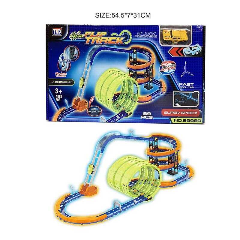 Трек 89989 (18) 91 елементи, машинка із вбудованим акумулятором, підсвічування, світиться у темряві, трюки, муляжі оточення, в коробці