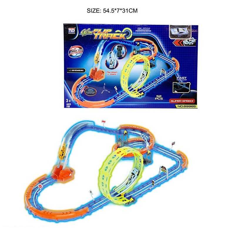 Трек 89985 (18) 53 елементи, машинка із вбудованим акумулятором, підсвічування, світиться у темряві, трюки, муляжі оточення, в коробці