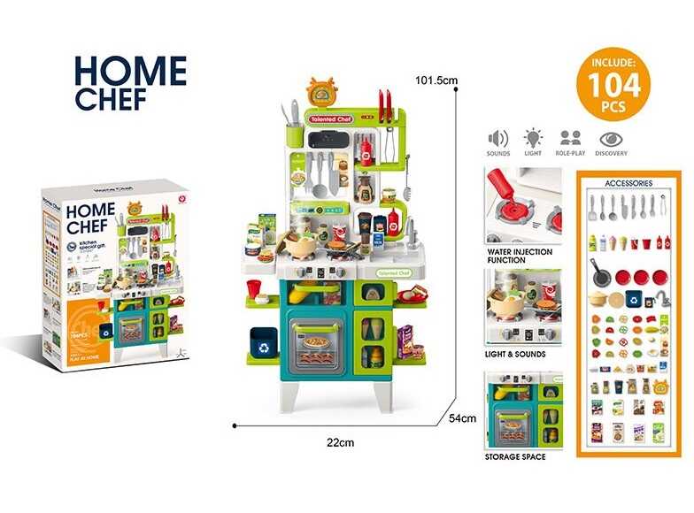 Кухня 922-212 (8) висота 102 см, 104 елементи, світло, звук, парогенератор, помпова подача води, прибори, каструля, смітник, продукти, в коробці