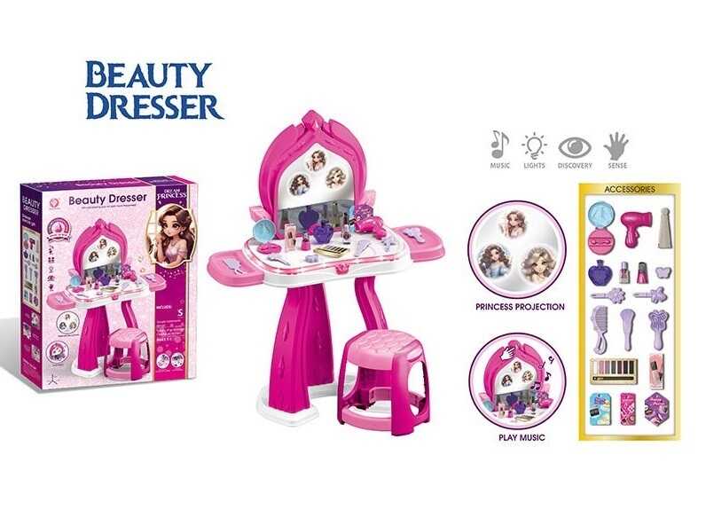 Трюмо 922-227 (12) 37 елементів, розмір: 60.5х27.5х74 см, висота стільчика: 21 см, проєкція, звуки, підсвічування, аксесуари, в коробці 