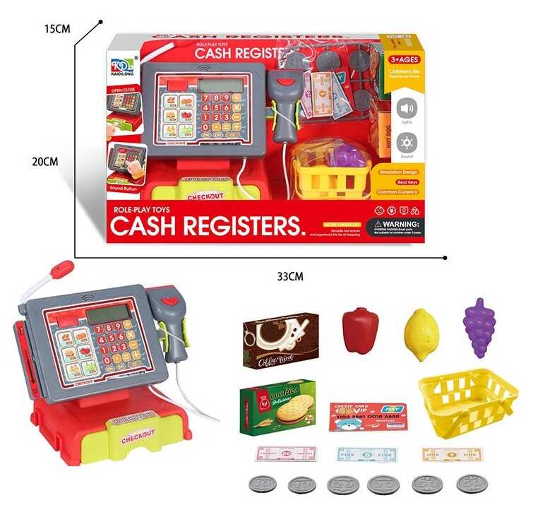 Касовий апарат KDL 888-58 (36/2) розмір: 21х14х17 см, сканер, калькулятор, мікрофон, звук, підсвічування, висувн. ящ., кошик, овочі, гроші, в коробці