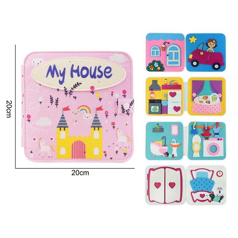 М`яка книжка-бізіборд 25077 (50) “Мій будинок”, елементи на липучках, рухомі елементи, прищіпки, в пакеті