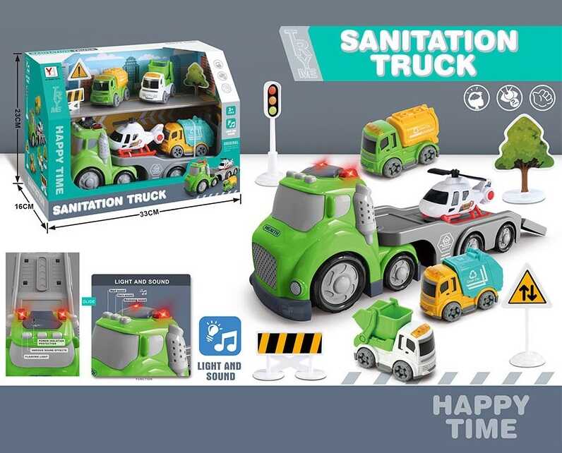 Трейлер 98-333 A (24/2) 3 машинки, інерція,  гелікоптер, муляжі оточення, звуки, підсвічування, в коробці