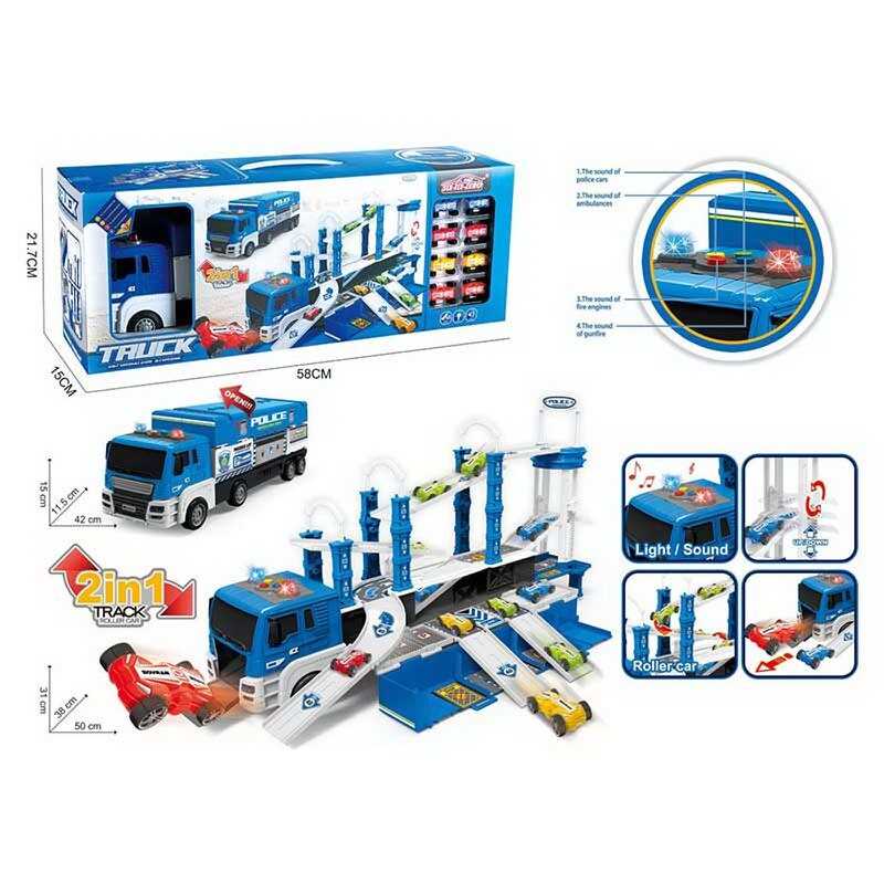 Трек 660 S-17 (12/2) ”Поліція”, розмір: 50х38х31 см, вантажівка, інерція, підсвічування, звуки, 8 моделей машин, довжина: 4 см, наліпки, в коробці
