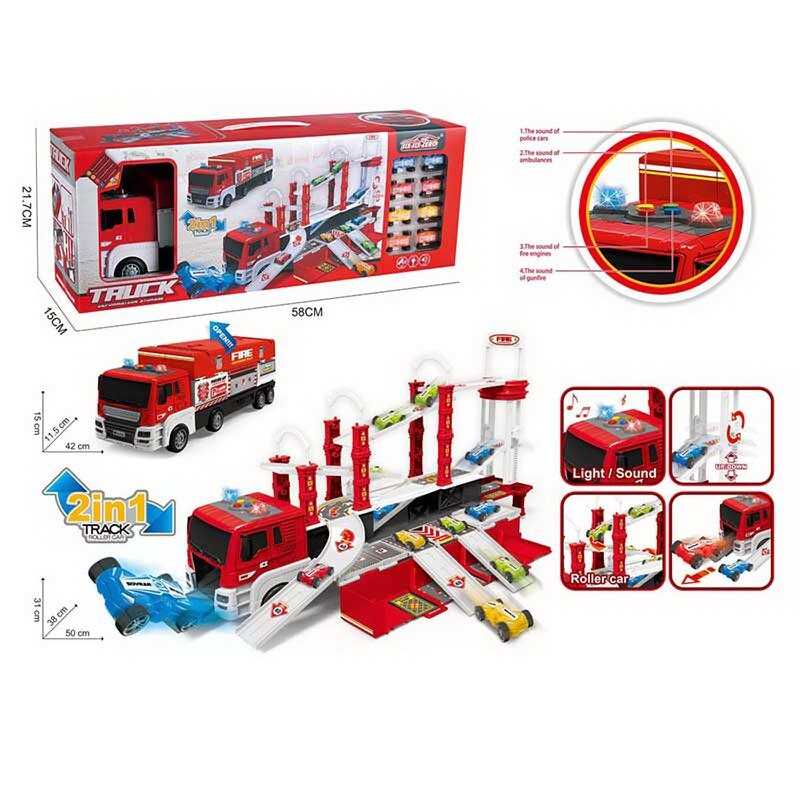 Трек 660 S-18 (12/2) "Пожежна машина", розмір: 50х38х31 см, вантажівка, інерція, підсвічування, звуки, 8 моделей, довжина: 4 см, наліпки, в коробці