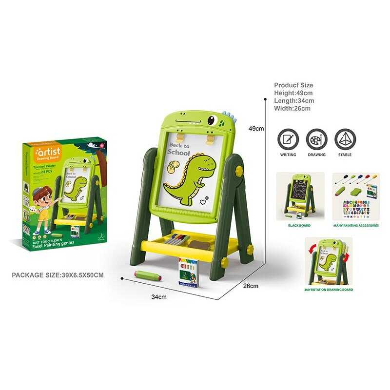 Мольберт 050-65 (18) двосторонній, з полицею, розмір: 34х26х49 см, оберт: 360°, 5 кольорових маркерів “пиши-витирай”, крейда у 12ти кольорах, магнітна англійська абетка, цифри, лінійка, тримачі, в коробці