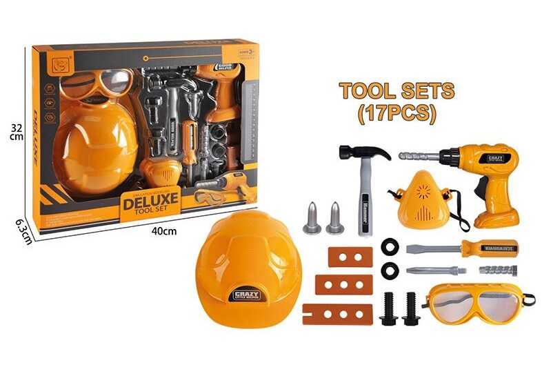 Набір інструментів 3288 C-15 (36/2) 17 елементів, каска, окуляри, дриль, механічний принцип роботи, молоток, викрутка, болти, в коробці