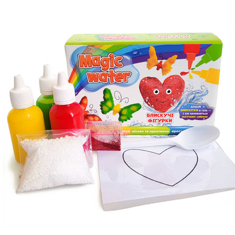 гр Набір для творчості "Magic water. Блискучі фігурки" MV6031-05 (10) "Ludum", 4 кольорові гелі, ложка, пакетик сухої речовини, в коробці