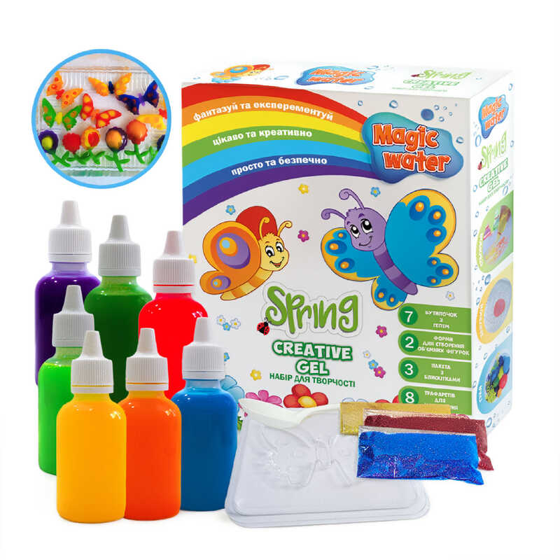 гр Набір для творчості "Magic water. Creative gel SPRING" MV6031-04 (10) "Ludum", пакетик з порошком, 2 формочки, 3 види блискіток, в коробці
