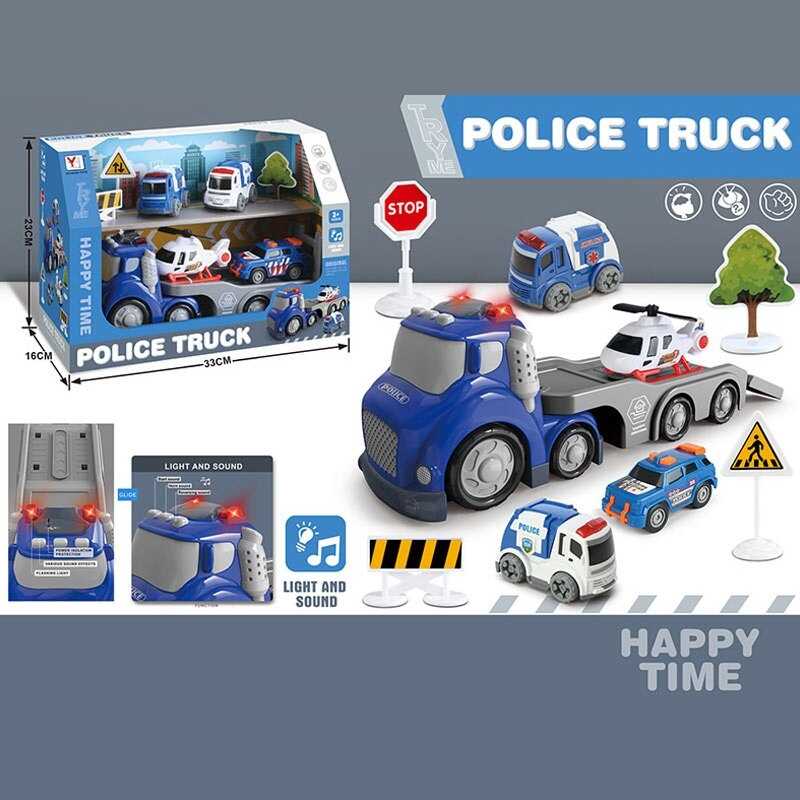 Трейлер 98-332 A (24/2) “Поліція”,  розмір: 28х9.5х11 см, підсвічування, звук, гелікоптер, джип, 2 машини з інерцією,  аксесуари, в коробці