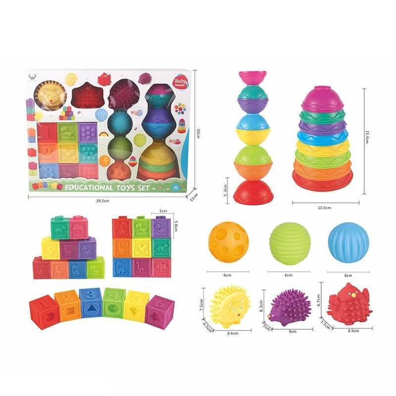 Сенсорні іграшки 628-163 (12/2) кубики, м’ячики, пірамідка та фігурки, в коробці